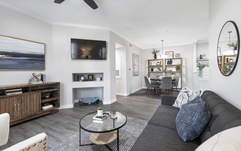 a living room with a couch and a table